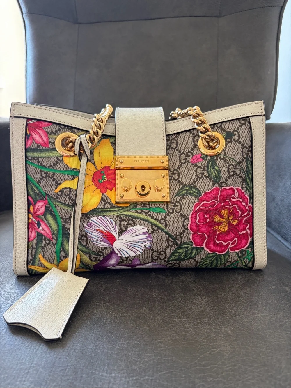 Gucci Floral GG Supreme Shoulder Bag in Beige, Pink, Yellow, Green